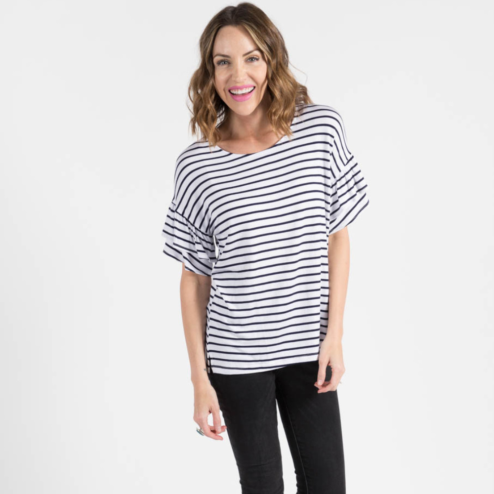Frill Sleeve Top White and Navy Stripe
